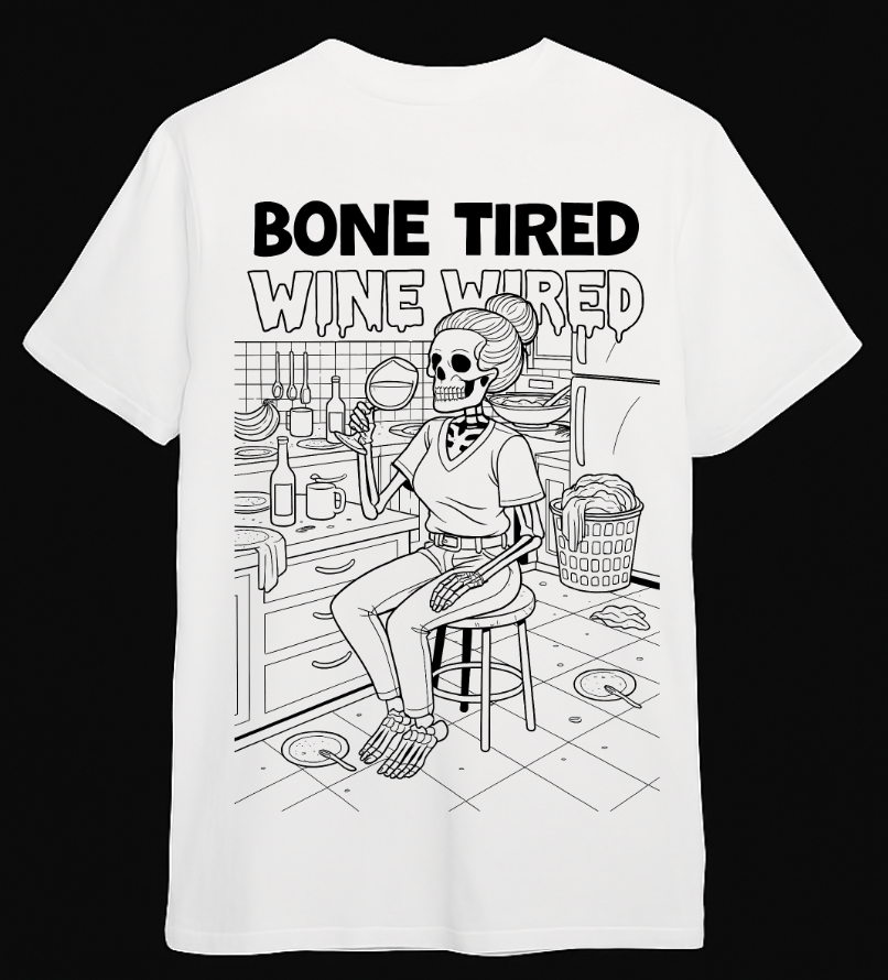 Bone Tired, Wine Wired T-Shirt - Looming Mischief